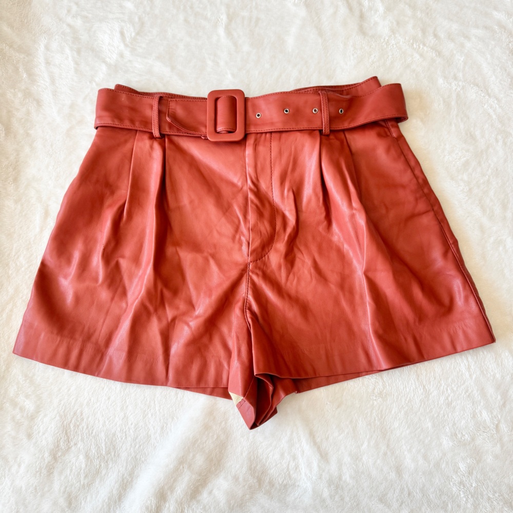 Zara Faux Leather Belted Shorts - Burnt Orange - Large